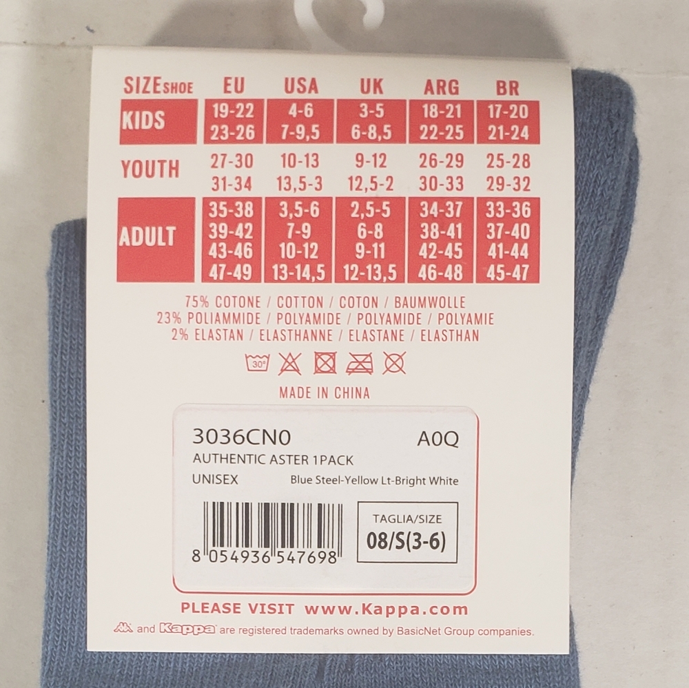 NWT Unisex Kappa Authentic Aster 1 Pack Crew Socks - Picture 3 of 4